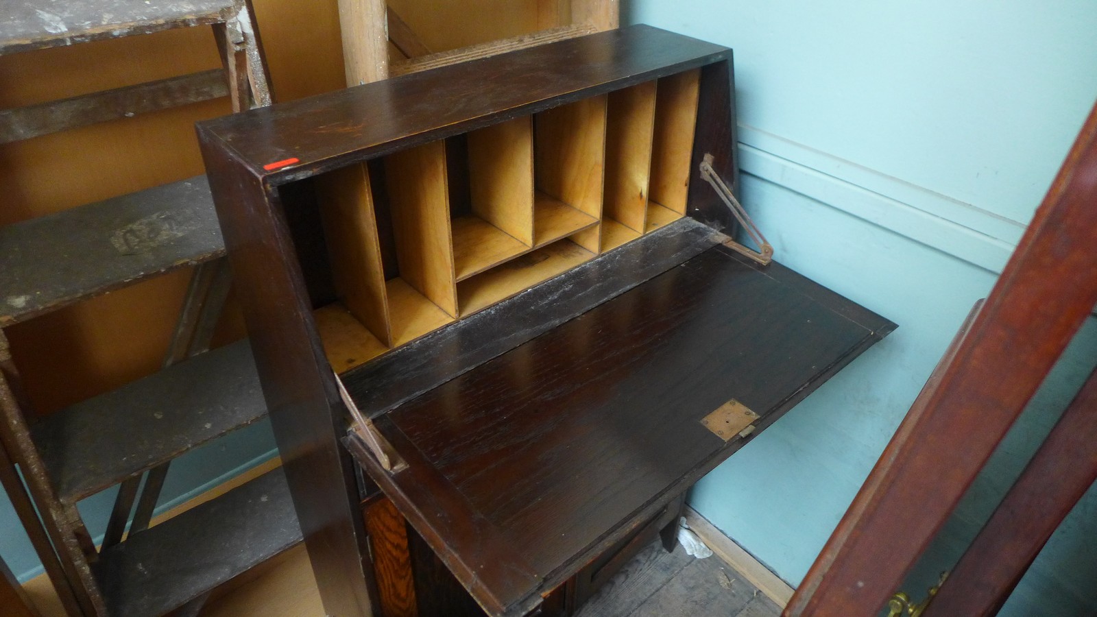 Small brown painted desk, the fall front inset pigeon holes, - Image 2 of 3