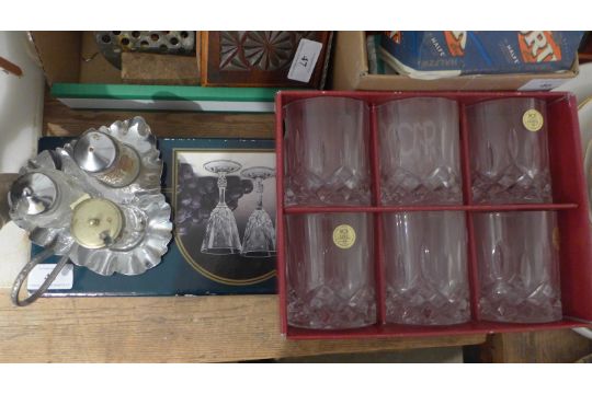 2 boxes of unused drinking glasses and a glass and plated 3 piece cruet - Image 3 of 3