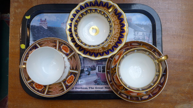 3 Cobalt blue gilt and rust brown cups and saucers from popular factories including Spode,