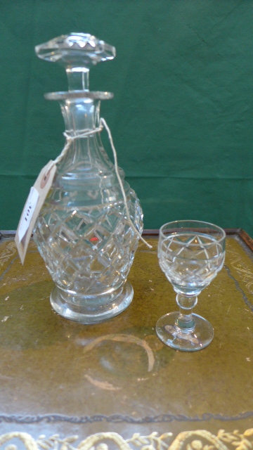 Unusual cut glass liqueur carafe with 6 matching glasses inset plated holder and serving tray - Image 2 of 4