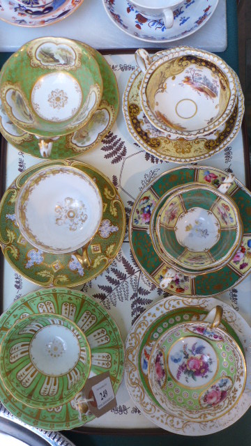 6 Principally green and gilt ground teacups and saucers from popular factories including Minton &