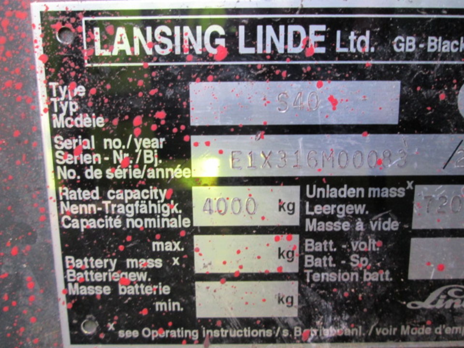 LINDE S40 Diesel - VIN: E1X316M00083 - Year: 2001 - 1,940 Hours - Side Loading Forklift, IWO** - Image 5 of 7