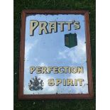 A rare and early Pratt's Perfection Spirit glass advertising mirror with a two gallon petrol can and