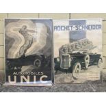 Two unframed black and white posters, one advertising Unic Automobiles, the other Rochet-