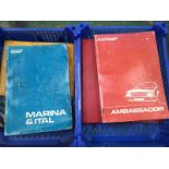 Two trays containing genuine Austin Rover factory manuals for Austin Ambassador, Marina/Ital, a