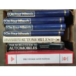 A small box of motoring volumes including 'The World Guide to Automobiles' also 'The Vintage Alvis