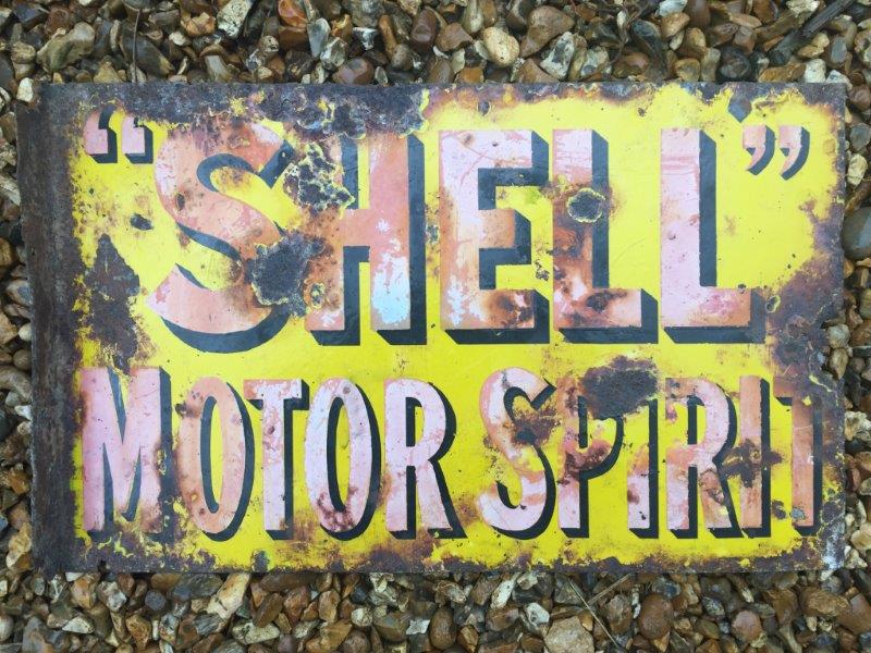 A Shell Motor Spirit double sided enamel sign with hanging flange, 21 x 30".