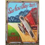 A decorative oil on board taken from a period advertisement - See how they run, advertising Shell,