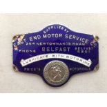 A blue enamel dash mounted supply plate for East End Motor Service, Belfast - Lubricate with