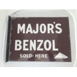 A rare Major's Benzole Pyramid Brand Sold Here double sided enamel sign with replaced hanging flange