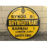 An AA circular enamel road sign for Brynhoffnant, by Franco, with good gloss, 30" diameter.