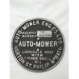 An unusual circular aluminium plaque - Auto Mower Engineering Company Limited, Norton St. Philip,