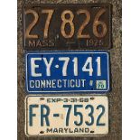 An early American numberplate, dated 1925, well patinated and two more contemporary numberplates.