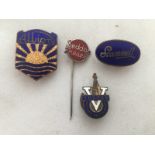Four commercial related enamel lapel badges and a stick pin relating to Albion, Scammel, Vulcan