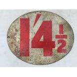 An oval tin petrol price sign for 1'4 1/2, 14 x 11 1/2".