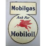 A Mobiloil 'Mobilgas' shaped tin advertising sign with central Pegasus motif, 11 1/2 x 15 3/4".