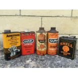 A quantity of assorted oil cans to include Gunk Oil, also a Shell Car Care Kit can.