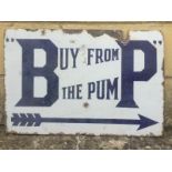 A BP 'Buy from the pump' rectangular double sided hanging enamel sign by Bruton, 18 x 12".