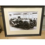 A framed and glazed print depicting a Bentley 3 Litre at Le Mans, 'Clement and Duller before the
