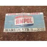 A large Australian Ampol garage advertising sign for Warrys Limited 'Your local agent', 72 x 36".