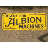 An Albion Machines rectangular blue and yellow enamel sign, with good gloss, 48 x 18".