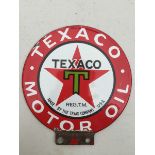 A good Texaco Motor oil circular double sided enamel petrol pump tag, 5 x 5 1/2".