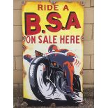 A decorative oil on board depicting a period advertisement advertising BSA Motorcycles, 23 x 39 1/