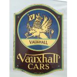 A rare Vauxhall Cars enamel sign by Franco signs W1, in near mint condition save three re-touched