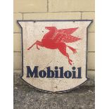 A Mobiloil Pegasus double sided tin shield shaped advertising sign, 24 x 23 1/2".