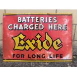 An Exide Batteries Charged Here rectangular aluminium advertising sign, 24 1/2 x 17".