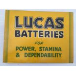 A Lucas Batteries double sided tin advertising sign with hanging flange, 17 x 12 3/4".