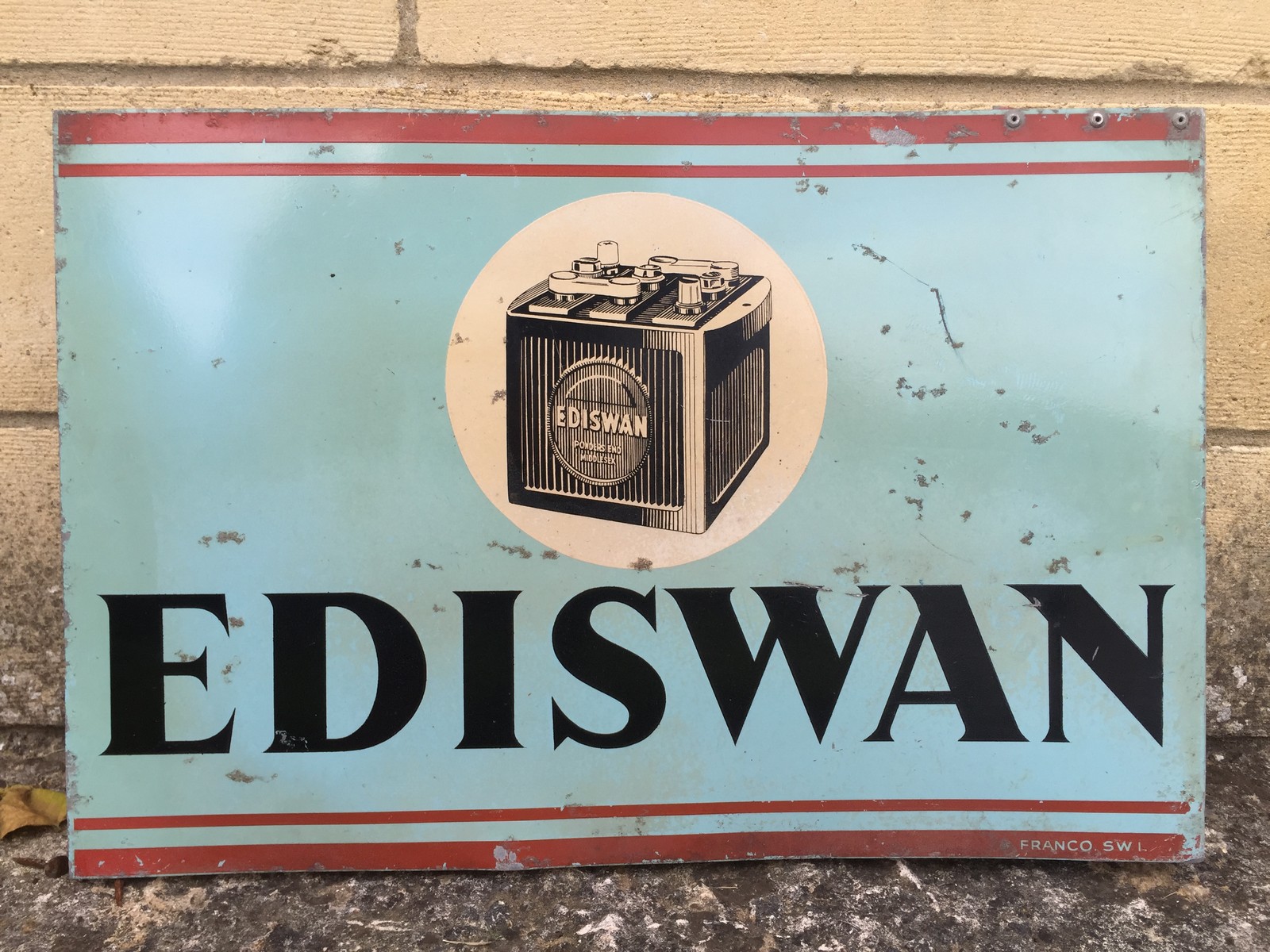 An Ediswan Batteries aluminium double sided advertising sign with hanging flange, by Franco, 18 x - Image 2 of 2