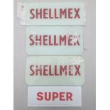 Three original Shellmex glass petrol pump inserts and a reproduction 'Super' glass petrol pump