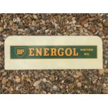 A BP Energol Motor Oil oil bottle rack double sided pediment sign, 17 1/2 x 6".