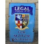 A Legal Insurance Company Limited 'For Motor Insurance' rectangular enamel sign, with shield motif