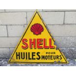 A Shell Huiles pour Moteurs triangular double sided enamel sign, good colour, 30 x 26 1/4".