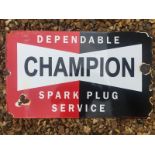 A Champion Dependable Spark Plug Service rectangular enamel sign, 19 3/4 x 11 3/4".