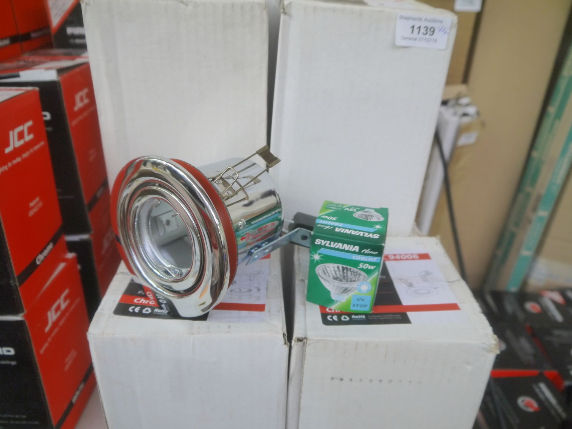 4x JCC JC94006 50W Chrome Fire Rated Tilt Downlight. New and boxed.