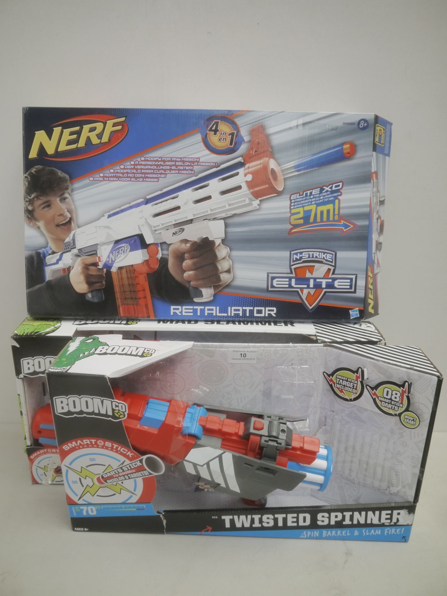 Nerf Retaliator, Boom-co Twisted spinner and Boom-co  Mad Slammer. All unchecked and boxed.