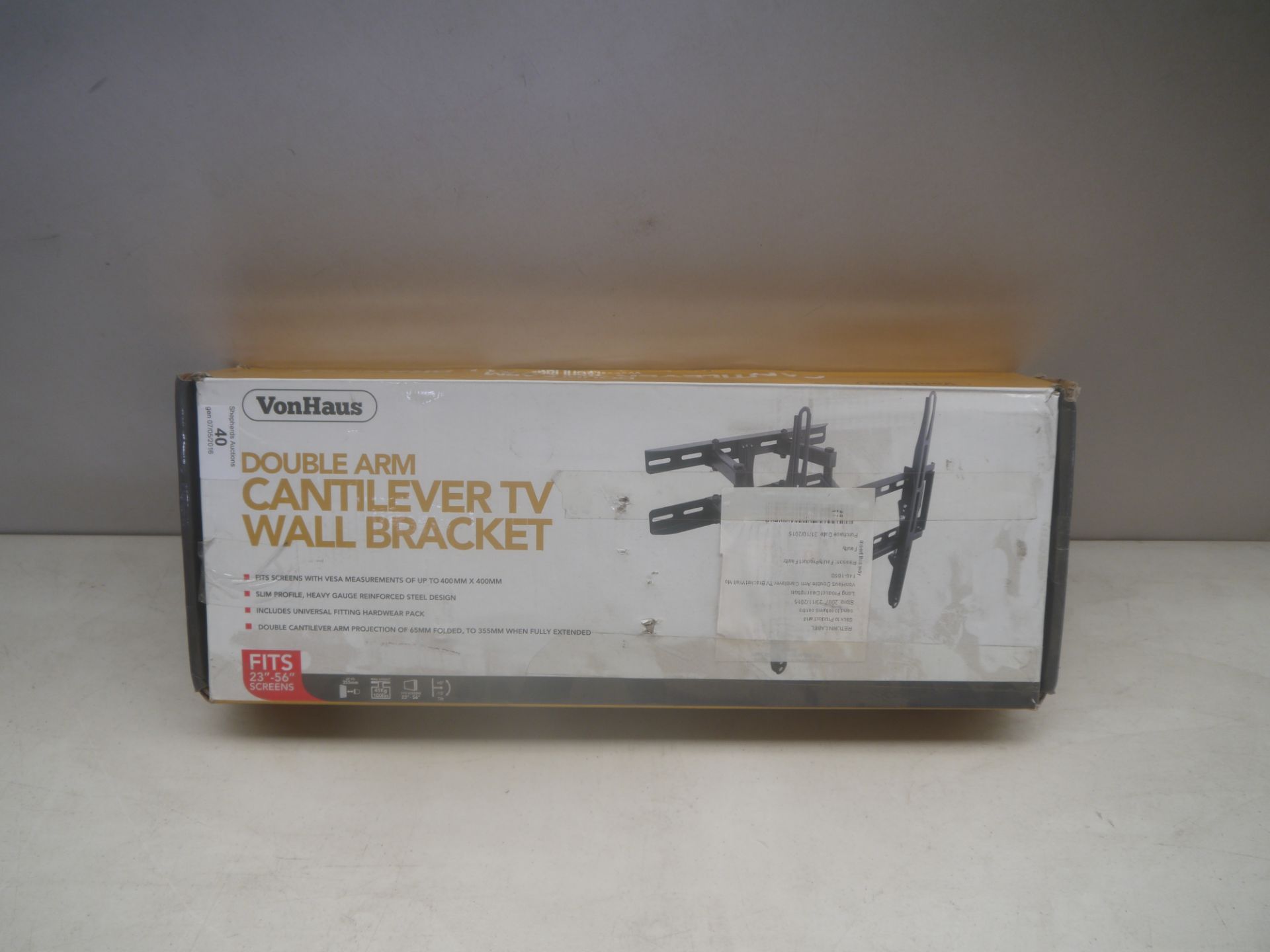 VonHaus Double arm cantilever TV wall bracket, fits 23"-56" screens. Unchecked and boxed.