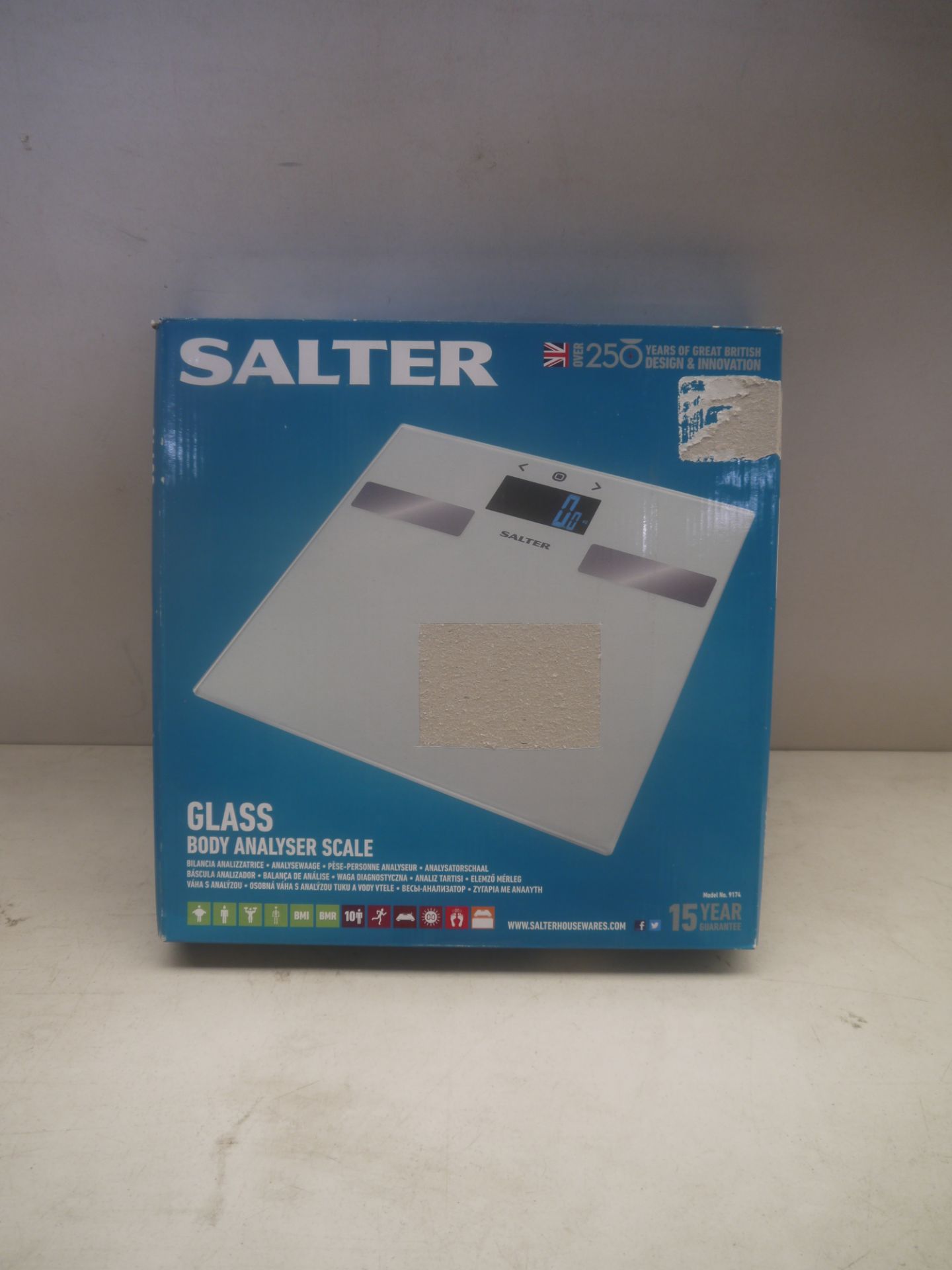 Salter Glass body analyser scale, white colour, unchecked and boxed.