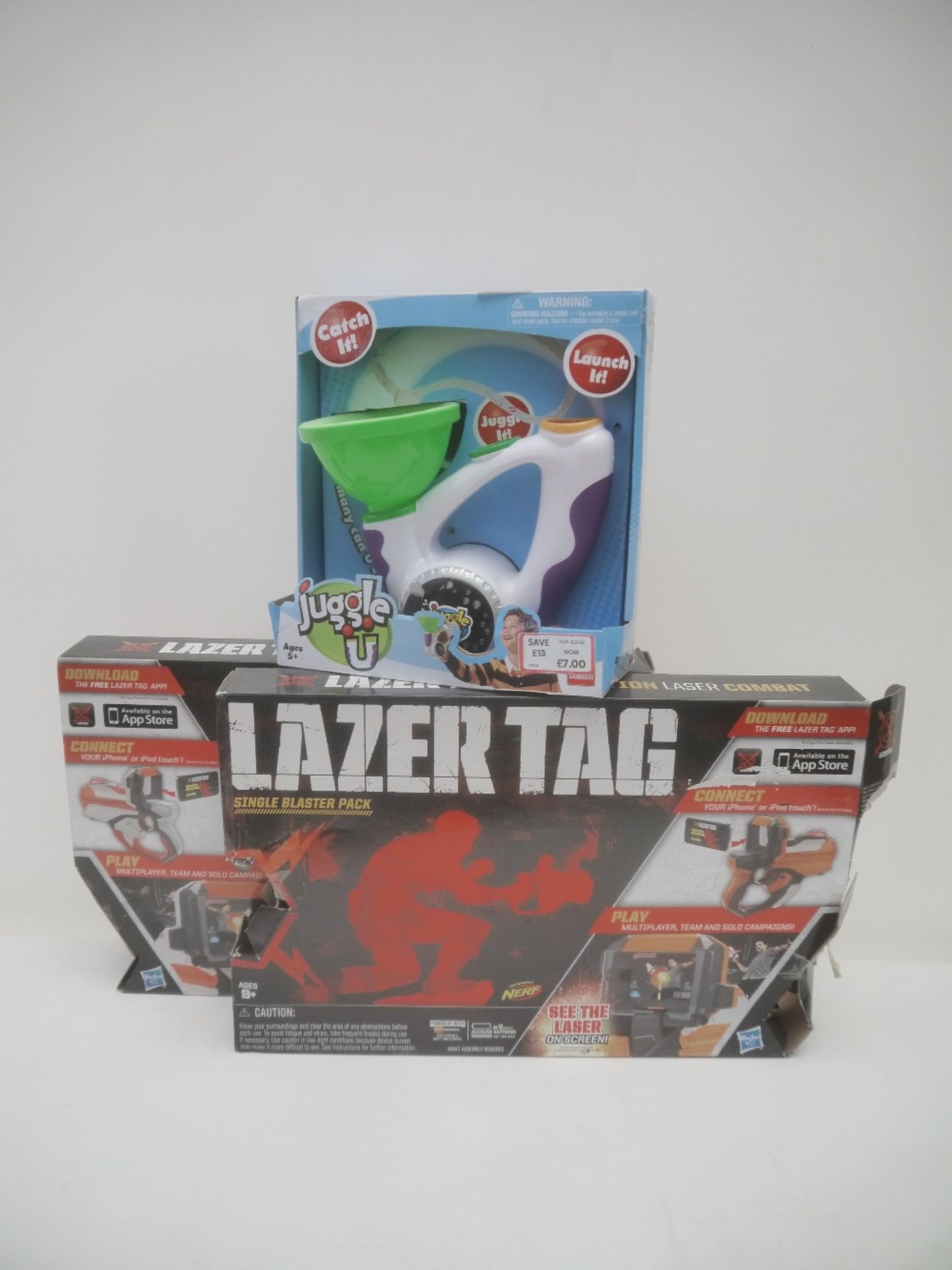 3x Toys in this lot, being the following; 2x Lazer Tag Single Blaster Packs, And 1x Juggle U Game.