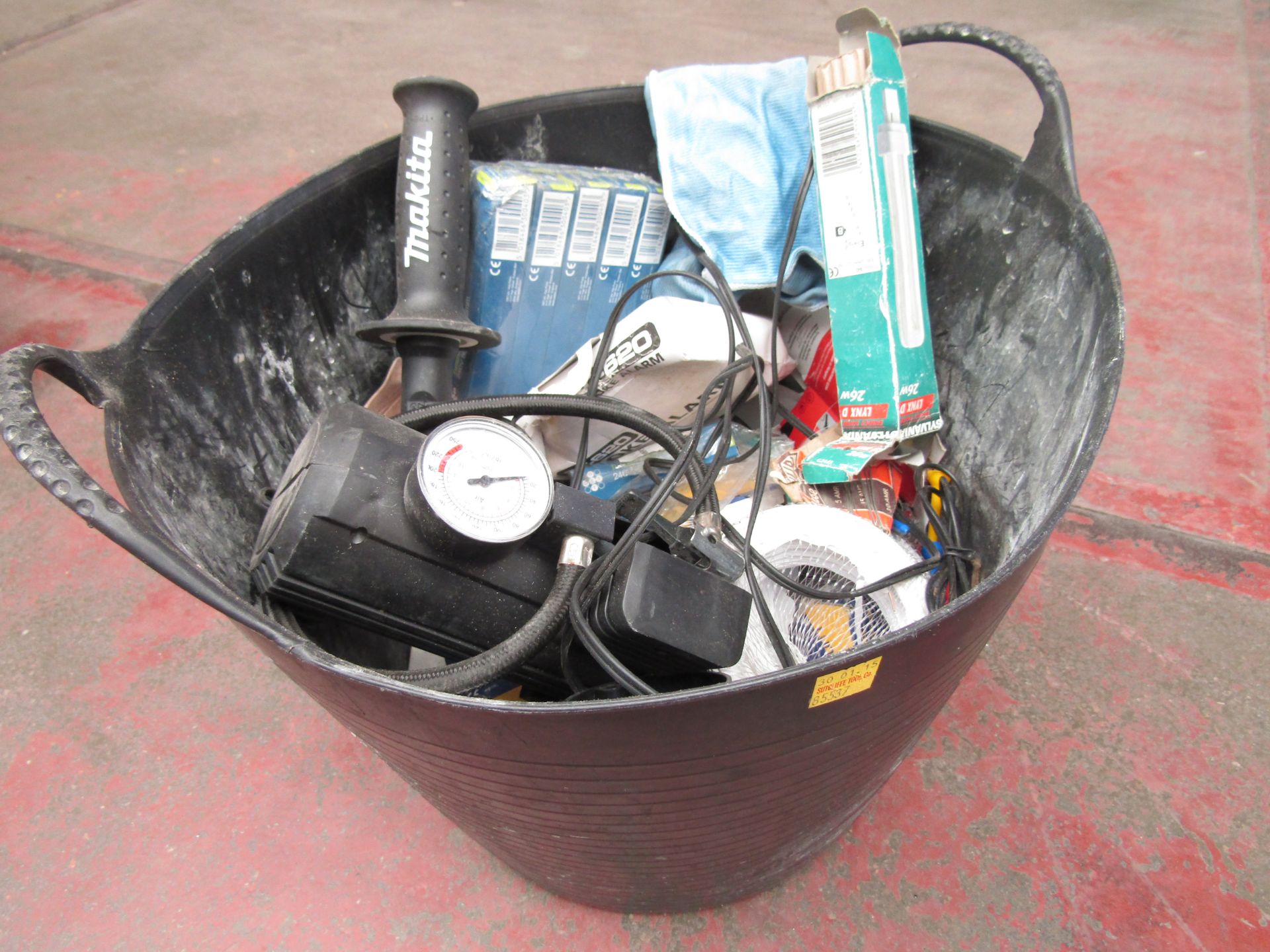Black tub with various items including Bulbs, 12v Pump and more