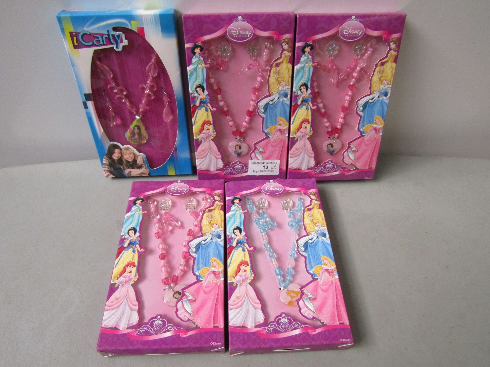 5x Sets of Jewellery (Necklace & Earings): - 4x are Disney Princess' - 1x is iCarley All Boxed.