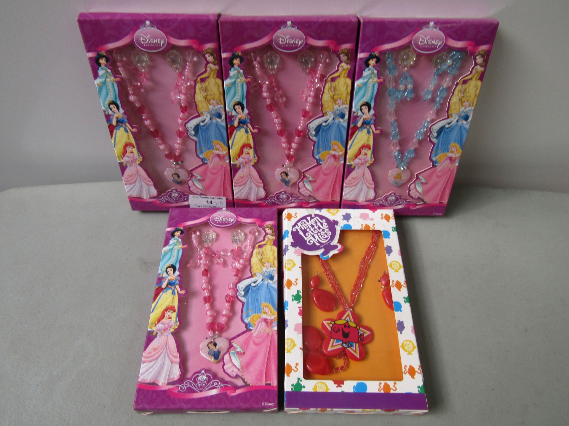 5x Sets of Jewellery (Necklace & Earings): - 4x are Disney Princess' - 1x is Mr.Men All Boxed.