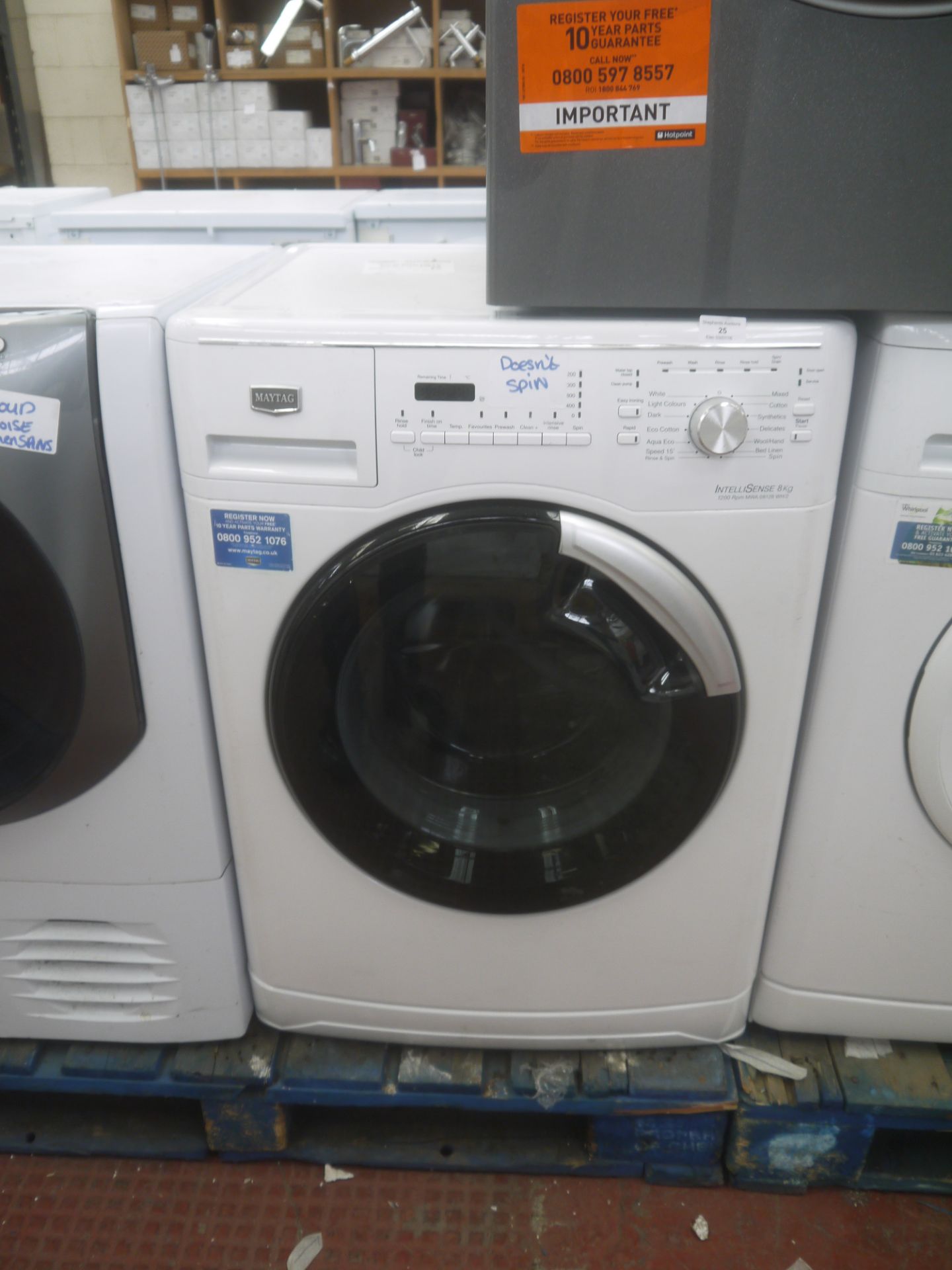 Maytag washing machine, 8kg, Powers on but no spin.