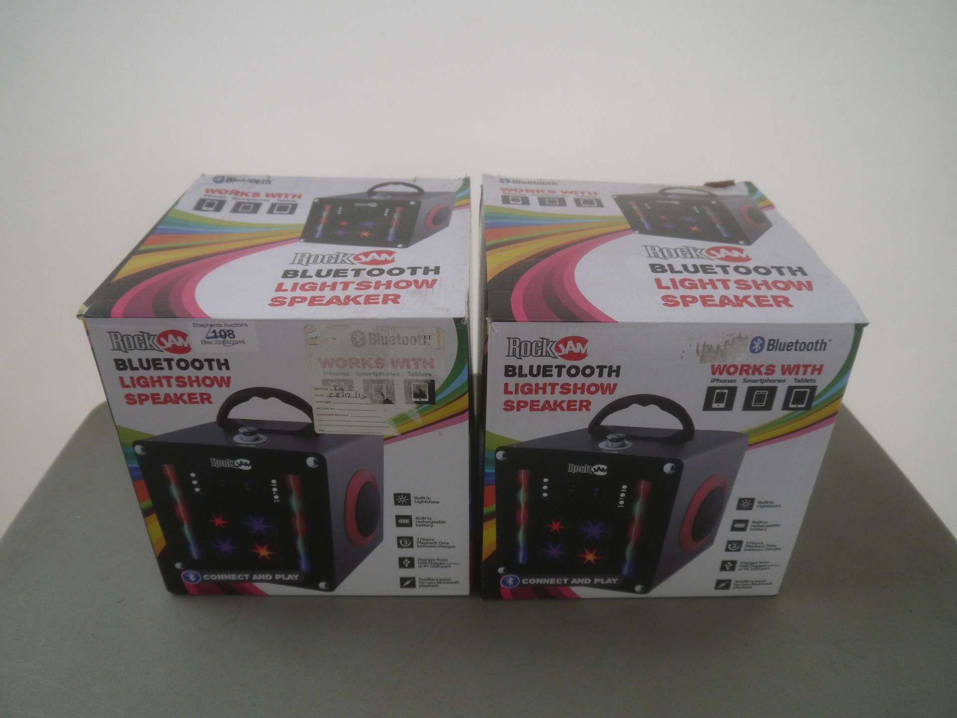 2x Rock Jam Bluetooth lightshow speaker, unchecked and boxed.
