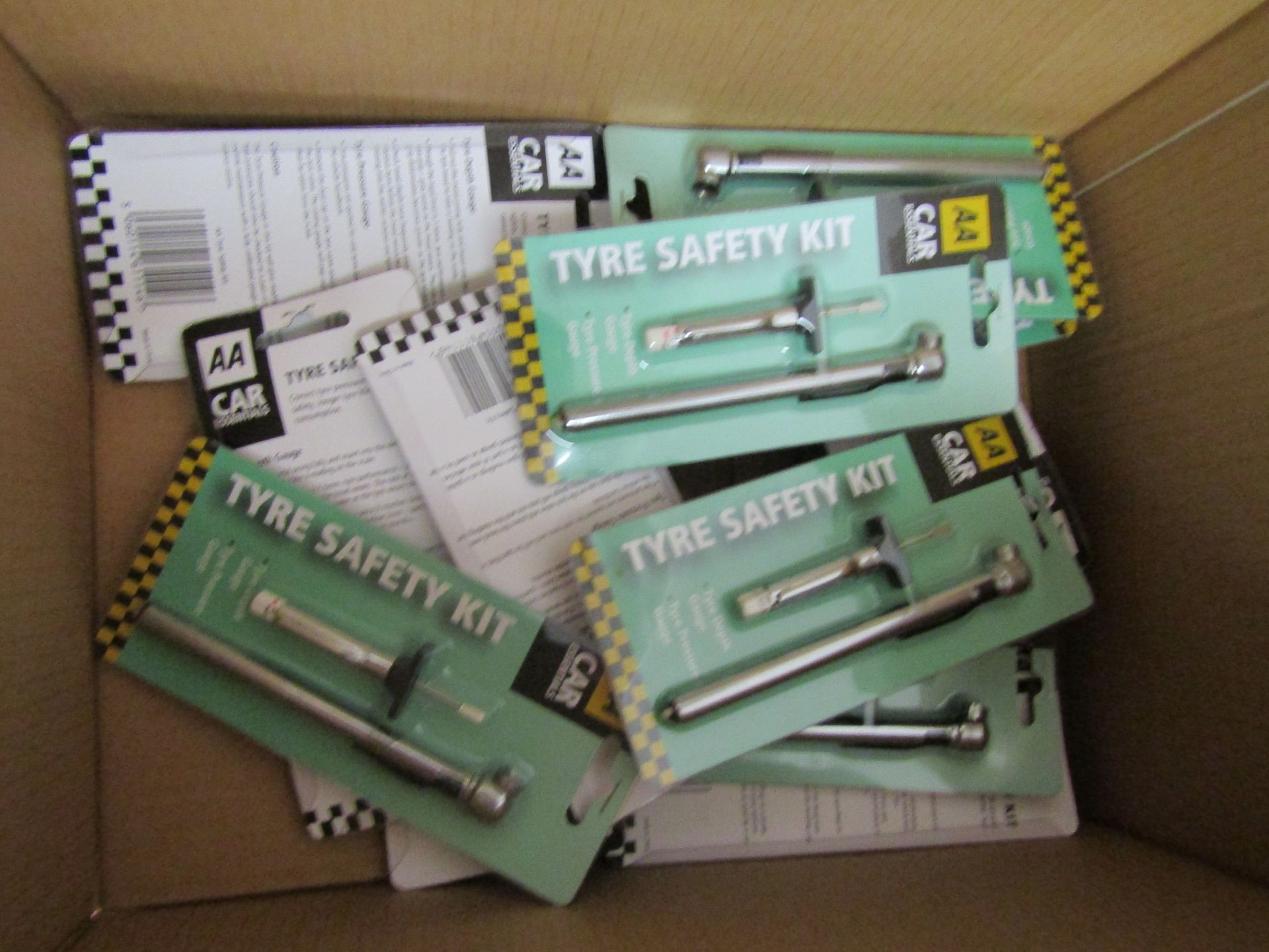 Box containing Approx 13 AA Car Essentials Tyre Safety Kits. All New In Packaging.
