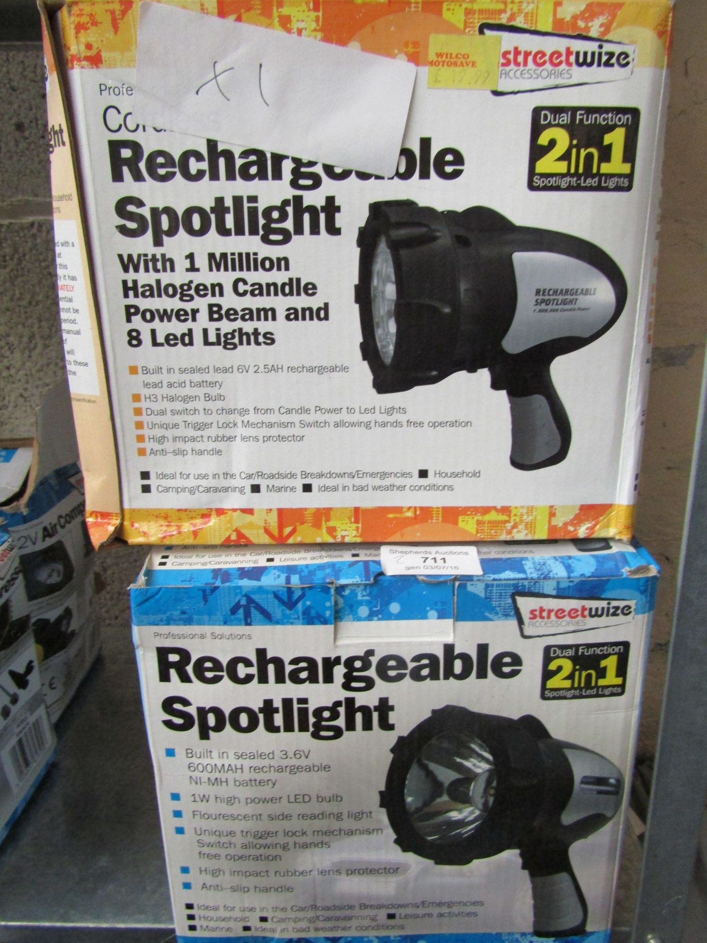 2x StreetWize 2 in 1 Rechargeable Spotlight. Boxed.