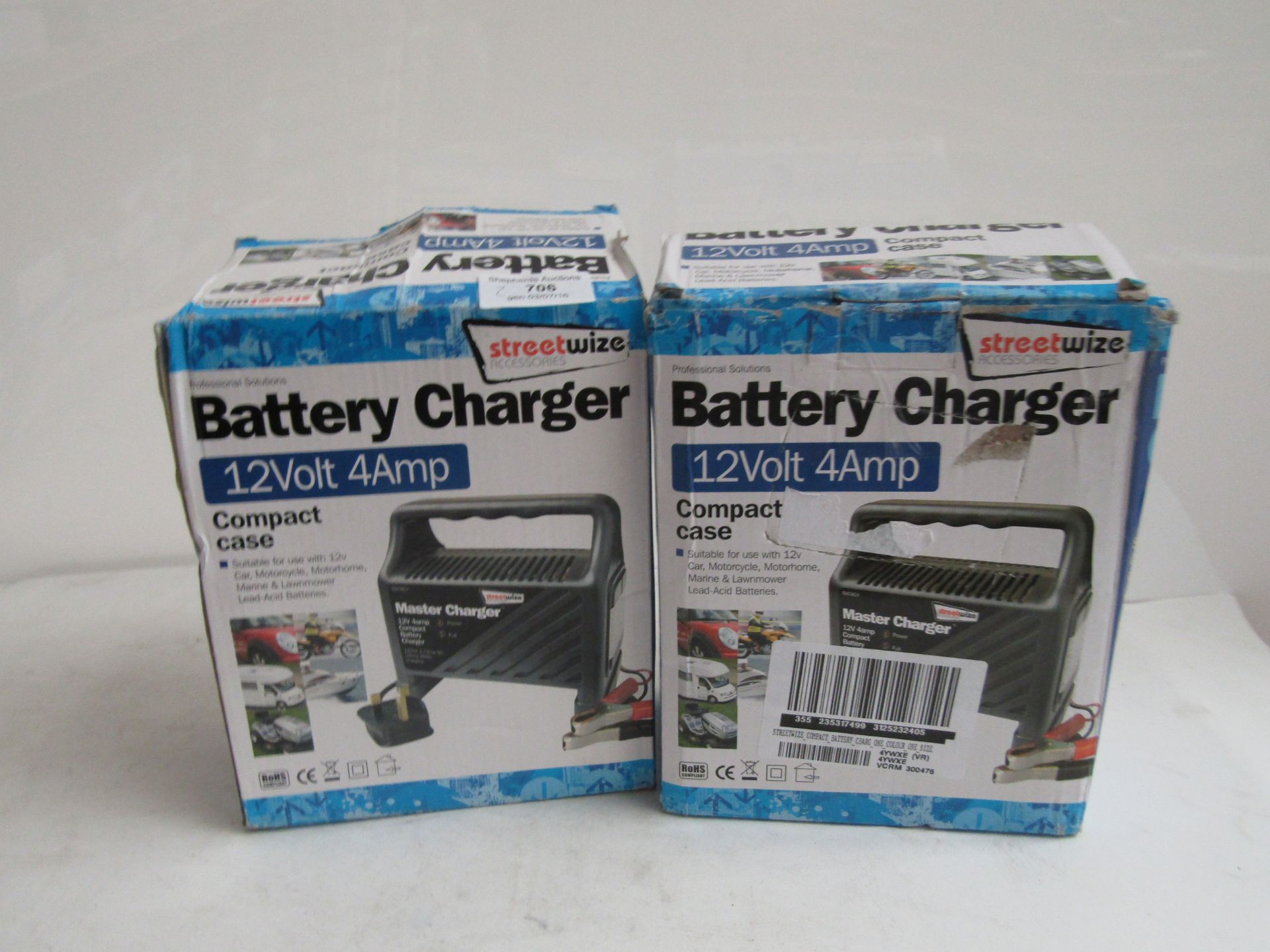 2x StreetWize 12V 4Amp Battery Chargers. Boxed.